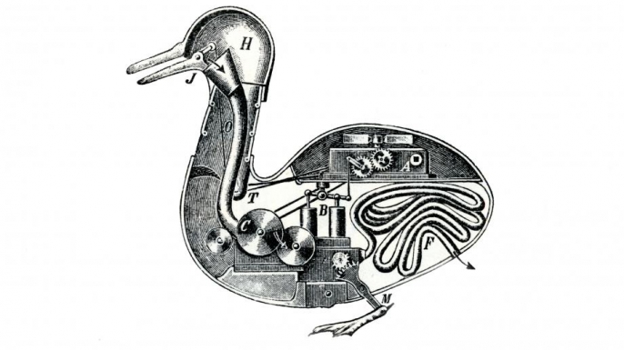 A postulated interior of the Duck of Vaucanson (1738-1739), an image of an automata that symbolizes a view of reductionism.