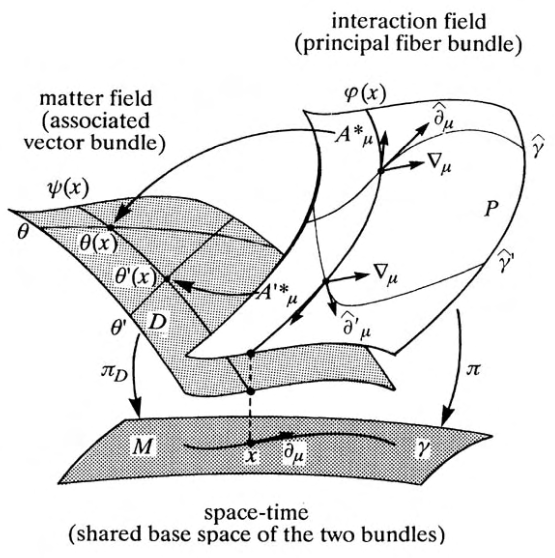 Figure 2: An illustration of the fiber bundle formulation of interacting quantum fields.