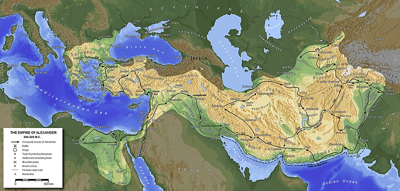 Figure 15: Campaign of Alexander the Great into the East (334-323 BCE). Larger version: here. (source:Wikipedia)