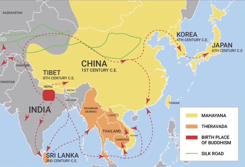 Figure 7: Map of the spread of Buddhism in Asia, first begining ~ 5th century BCE, spreading to the south as Theravāda Buddhism, and into China and Tibet as Mahāyāna Buddhism (source: Talk by Graham Priest, 2018).