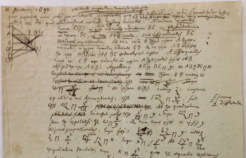 Figure 2: Leibniz’s notation of integration: \int (summa) and differentiation: d (differentia) summarized in the margin of his notes in 1675. Note that \Pi was Leibniz’s notation for equality. Photo by S. Wolfram (2013) of notes in the Leibniz-Archiv in Hanover, Germany.
